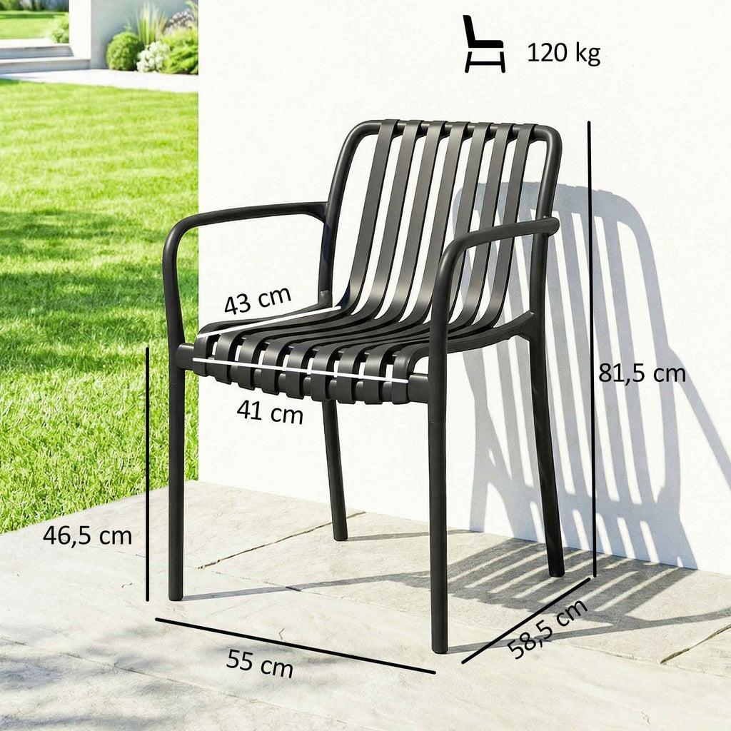 Outsunny Set of 4 Stackable Patio Chairs, Outdoor Dining Chairs with Curved Backrest, Slatted Seat and Armrests