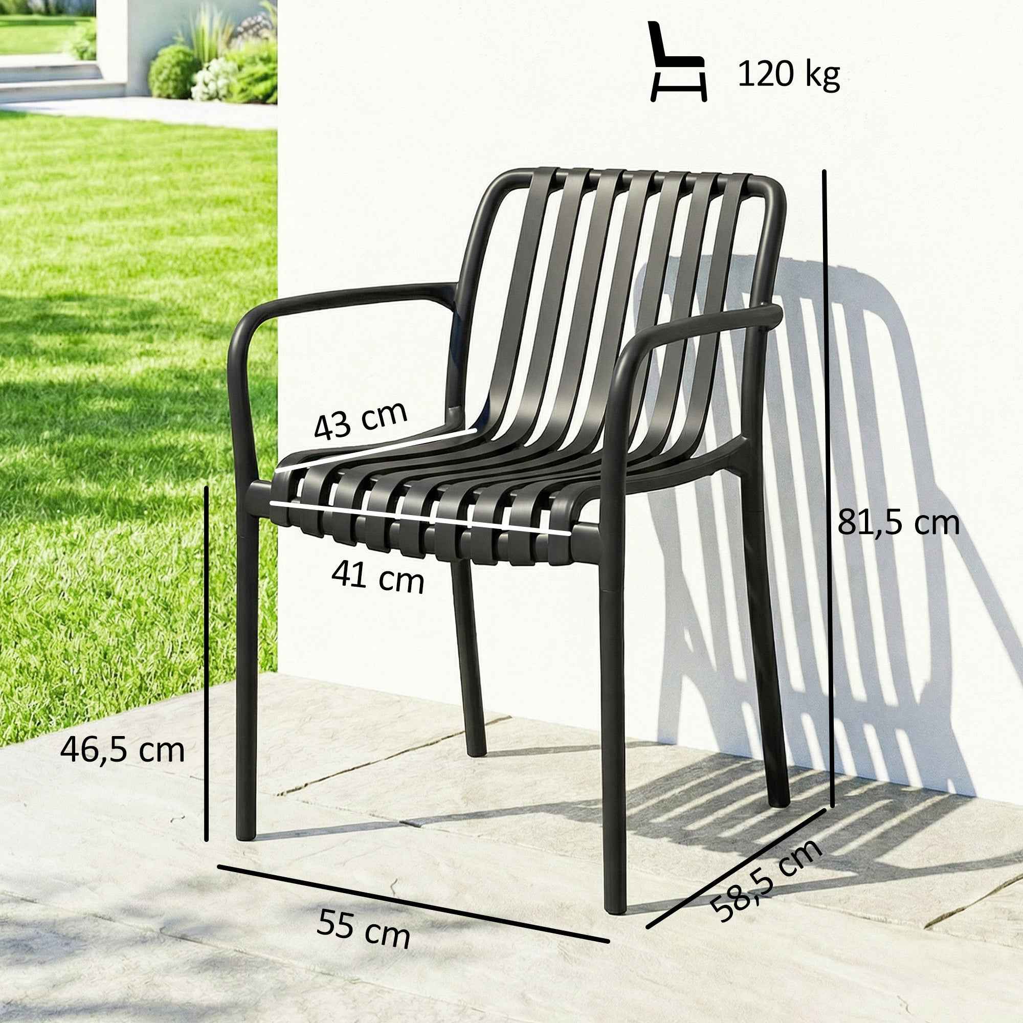 Outsunny Set of 4 Stackable Patio Chairs, Outdoor Dining Chairs with Curved Backrest, Slatted Seat and Armrests