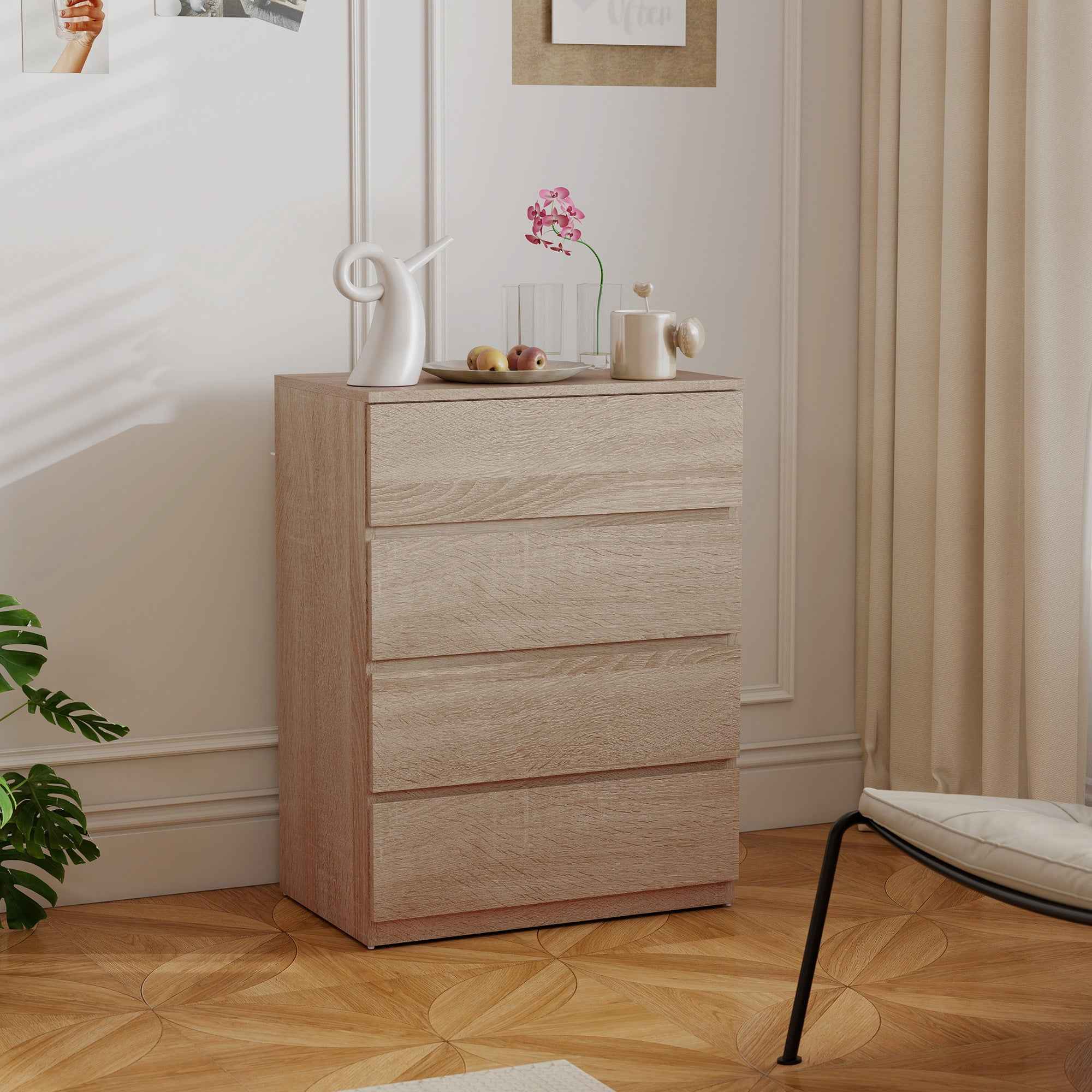 HOMCOM 4-Drawer Wooden Chest of Drawers with Metal Rails and Grooved Handles, 60x40x80 cm, Beech Color