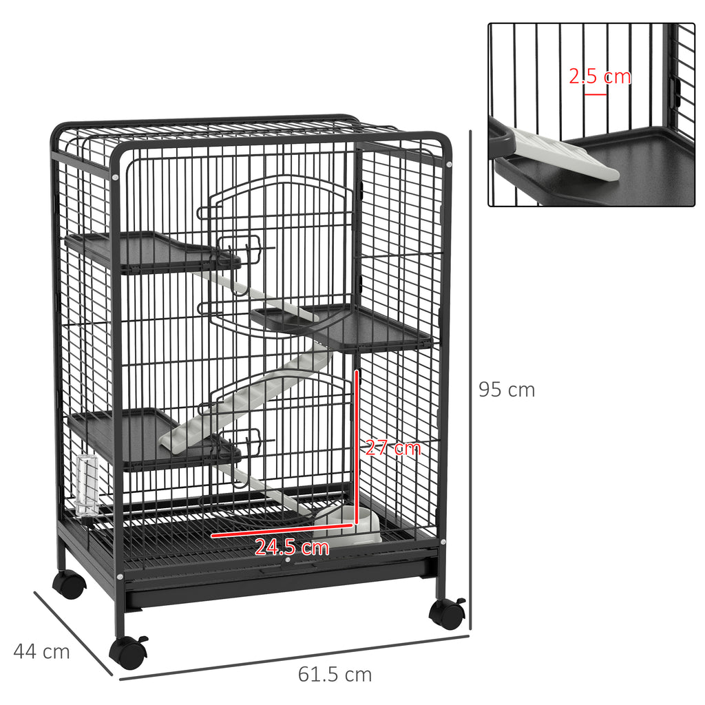 Small Animal Cage with Wheels, Rabbit and Chinchilla Cage with 3 Ramps and 3 Platforms, Bowl and Bottle, 61.5x44x95 cm, Black