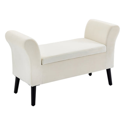 Storage Bench with Armrests, in Velvet Effect Fabric and Wood, 111.5x41x65 cm, Cream White