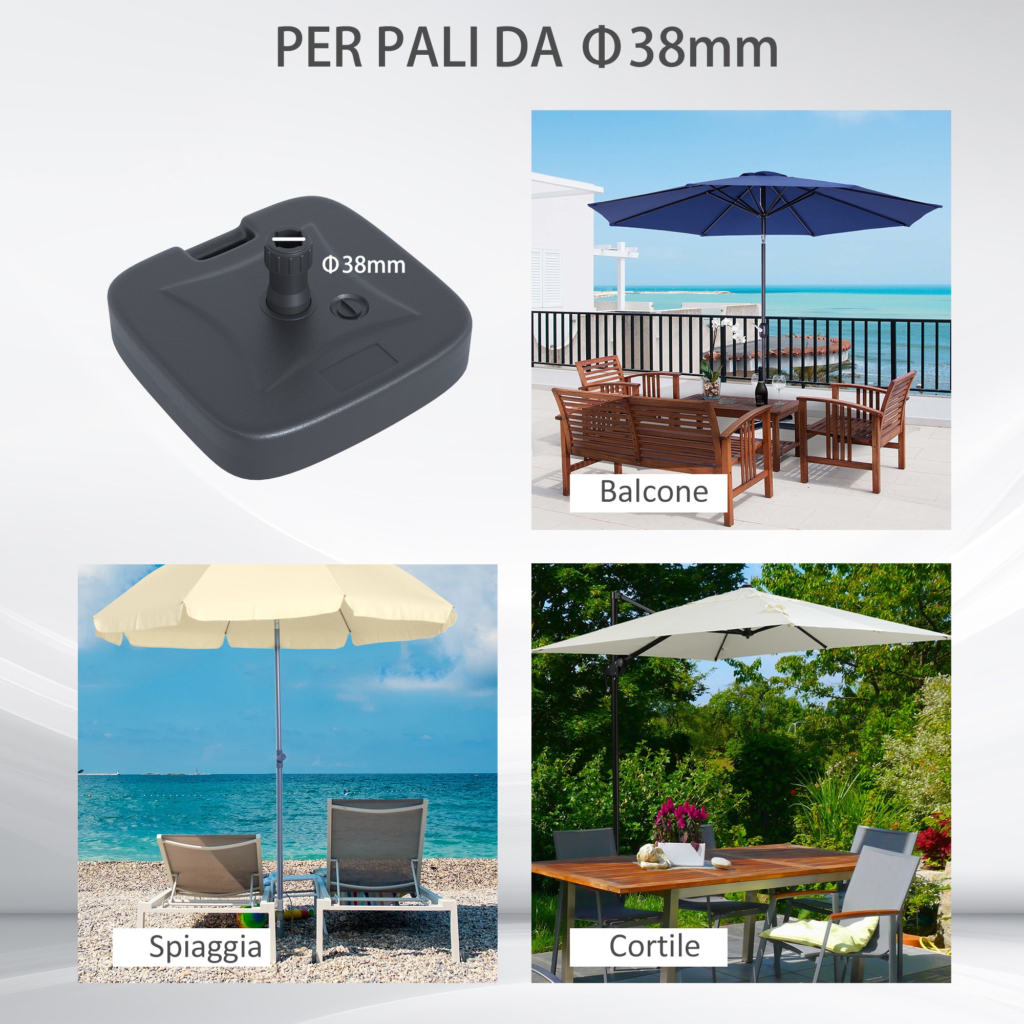 HDPE Garden Umbrella Base, Umbrella Base with Handle, Umbrella Stand with Ø38mm Poles, Fillable with 20kg of Water and 30kg of Sand, Black