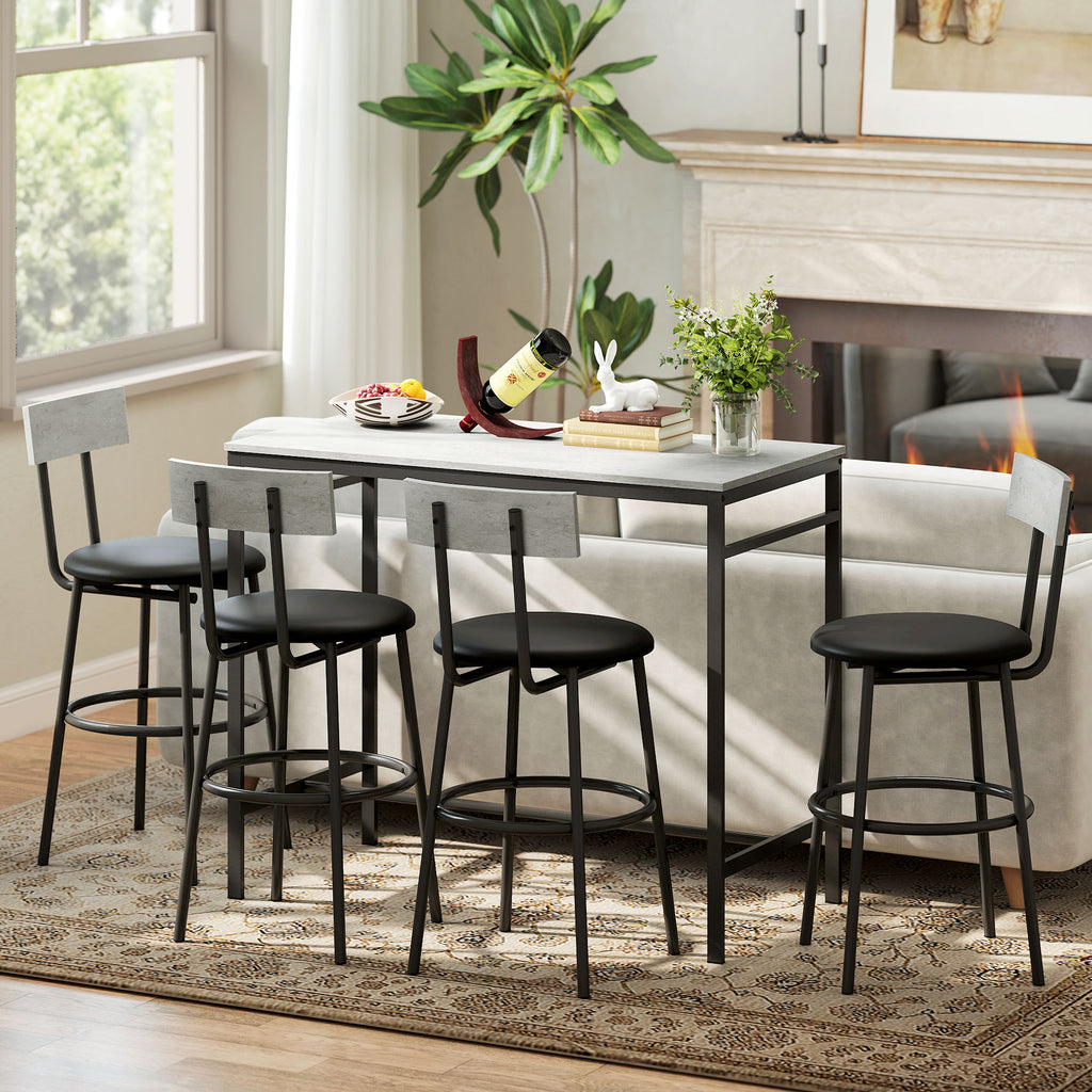 Industrial Style High Table and 4 Bar Stools Set with Backrest and Footrest, Cement Grey