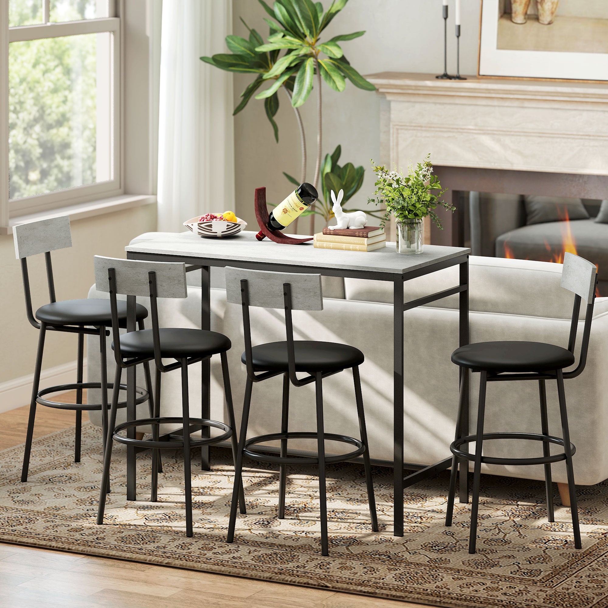 Industrial Style High Table and 4 Bar Stools Set with Backrest and Footrest, Cement Grey