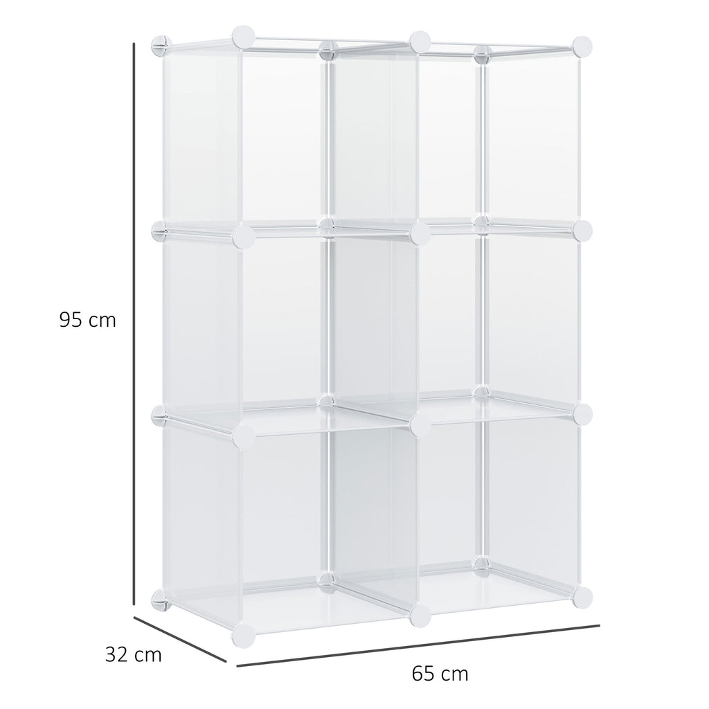 Mobile Space-saving Modular Shoe Rack, 6 Cubes in PP Plastic, 65x32x162 cm, Transparent