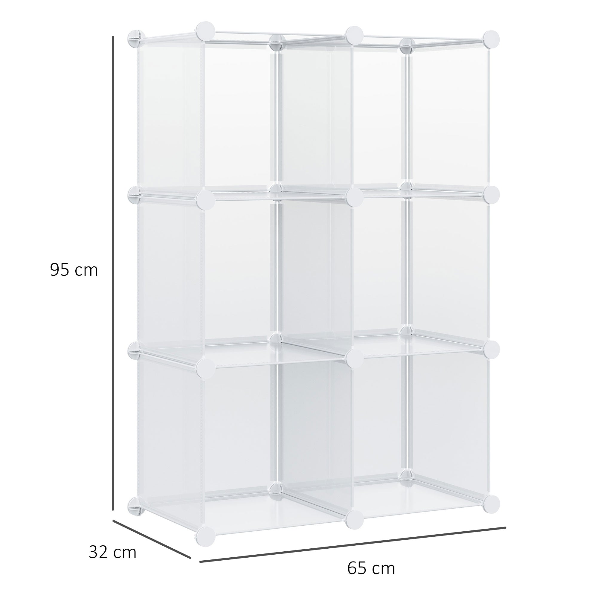 Mobile Space-saving Modular Shoe Rack, 6 Cubes in PP Plastic, 65x32x162 cm, Transparent