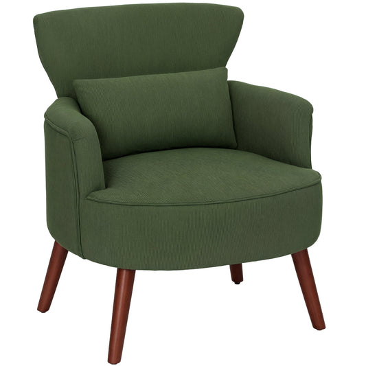 Modern Upholstered Velvet Armchair with Lumbar Cushion, Wooden Backrest and Legs, Green