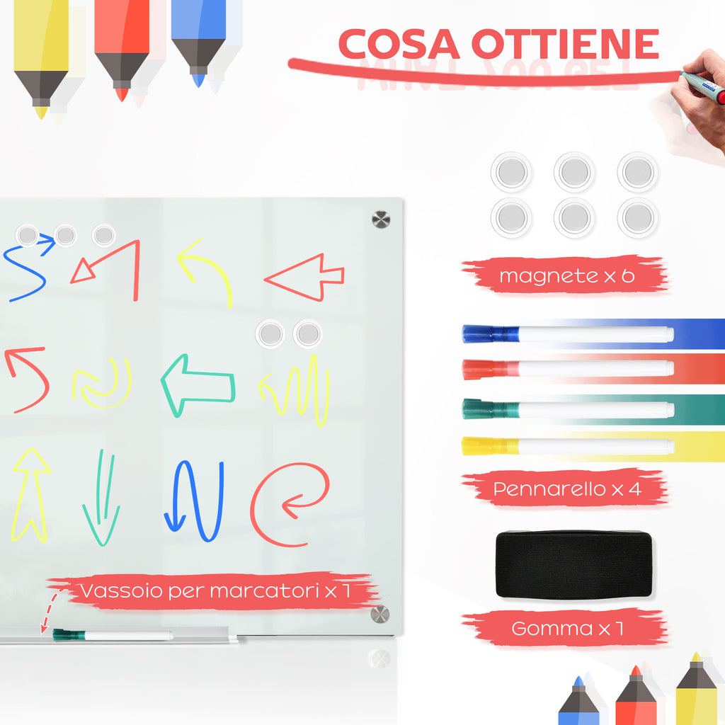 Glass and Aluminum Whiteboard with 4 Colored Markers and Eraser, 90x60x0.4 cm