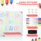Glass and Aluminum Whiteboard with 4 Colored Markers and Eraser, 90x60x0.4 cm