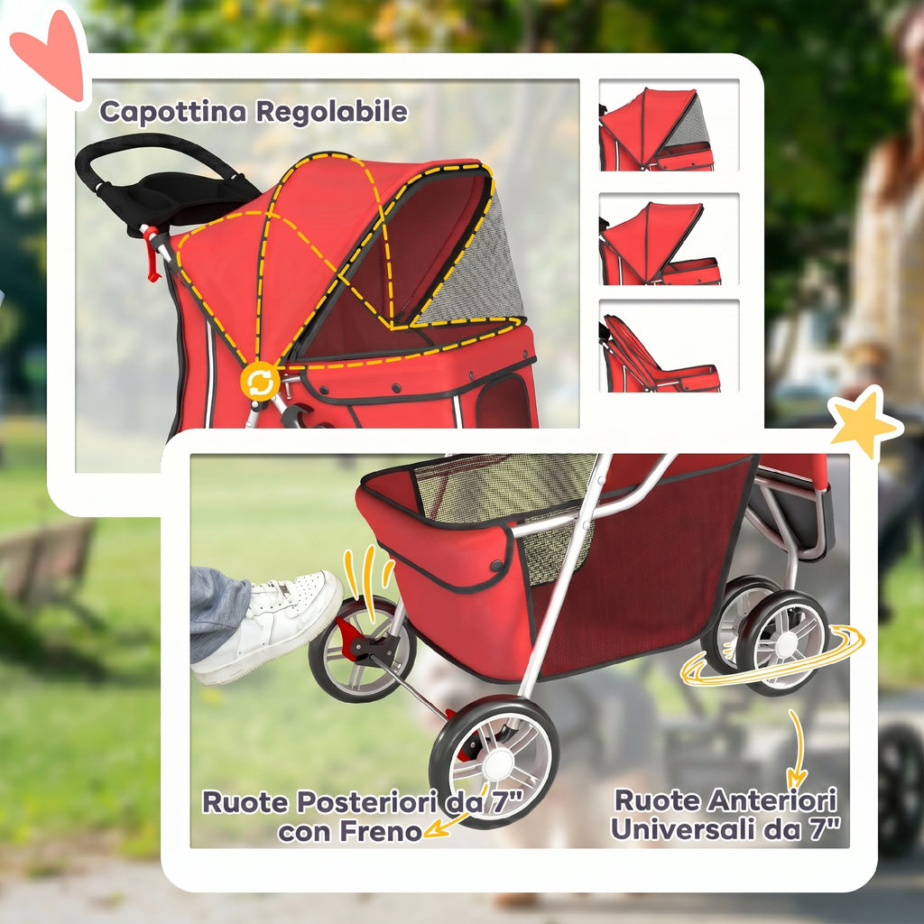 PawHut Foldable Dog Stroller with Cup Holder and Storage Basket, Red