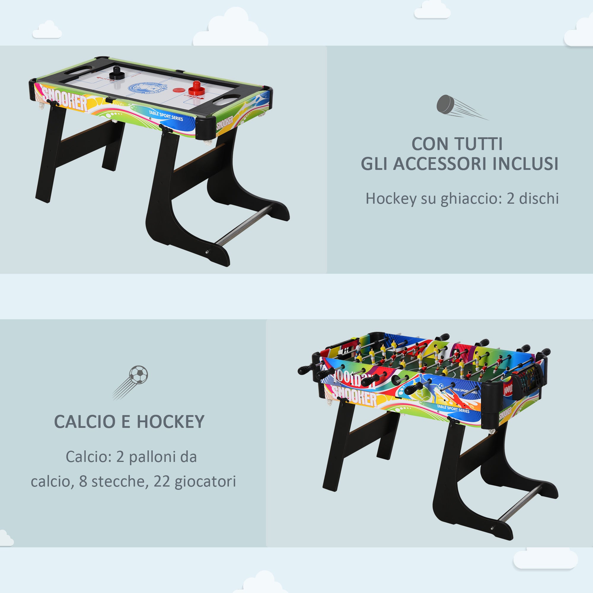 4 in 1 Folding Game Table for Foosball, Billiards, Air Hockey and Ping Pong, in MDF and Plastic