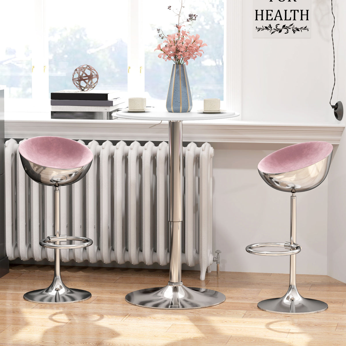 HOMCOM Round Bar Table Ø63 cm, Height Adjustable 67-93 cm with Metal Frame, 360° Rotatable Top, for Kitchen Dining Room, White