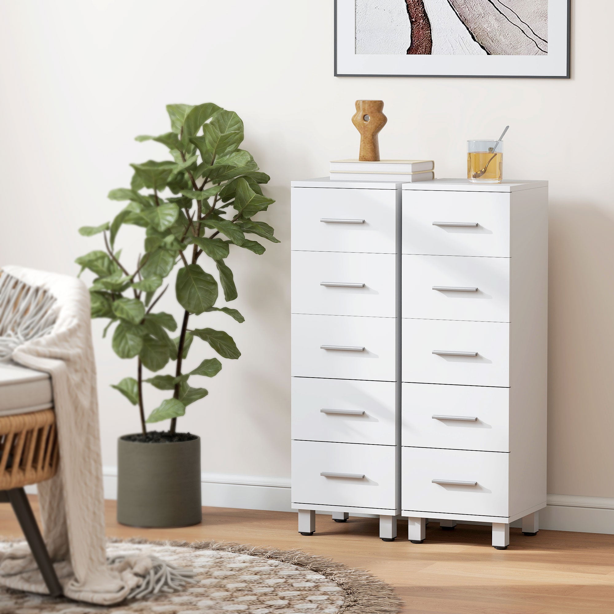 5-Drawer Chest of Drawers for Bedroom and Living Room, FSC Wood, 30x30x95 cm, White