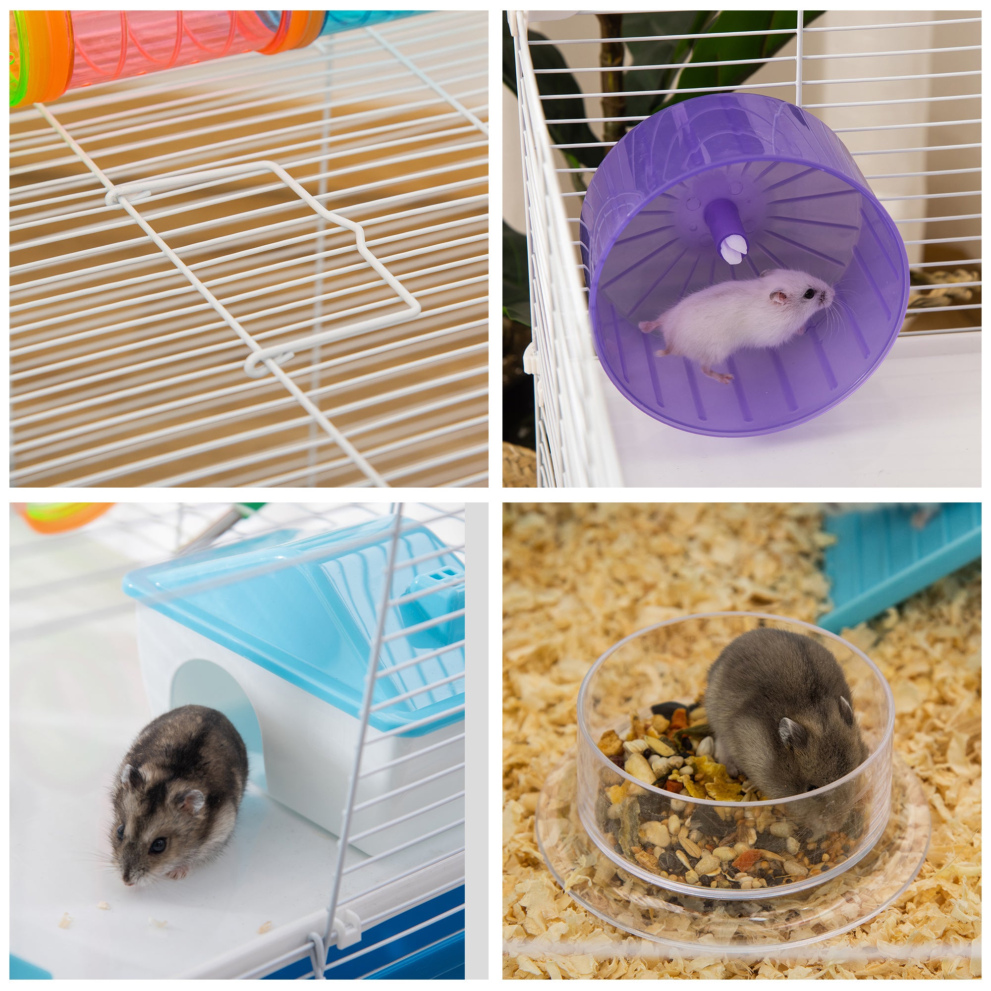 3-Tier Hamster Cage with Tunnel, House and Hamster Wheel, 59x36x47cm, Blue and White