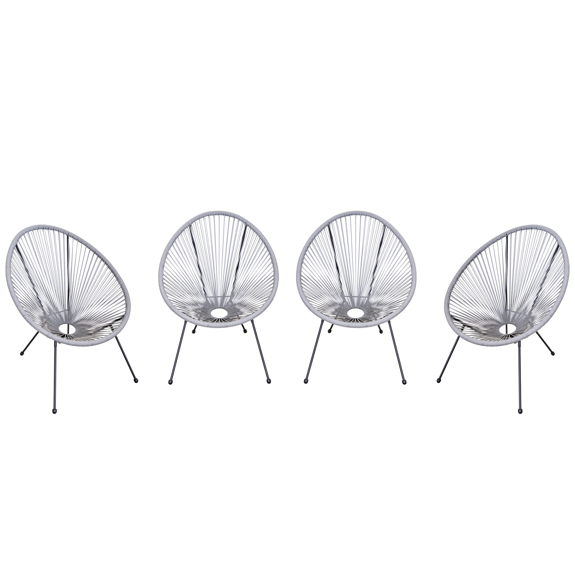 Set of 4 Oval Garden Chairs in PE Rattan and Metal in Boho Chic Style, Light Grey