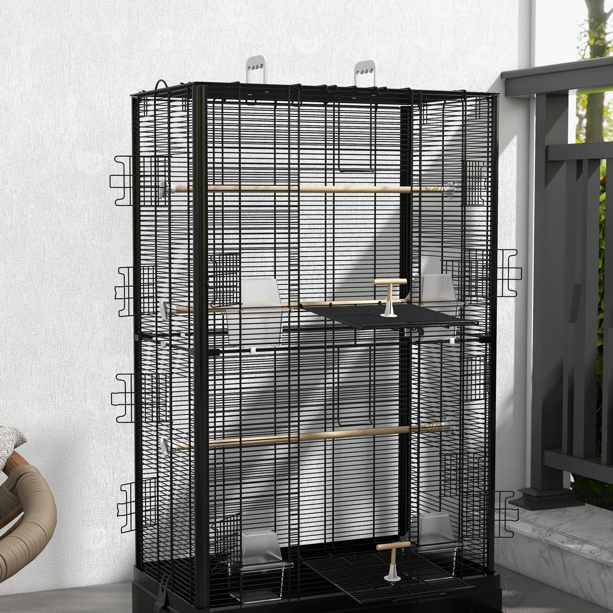 Bird Cage with Removable Tray and Perches, Parrot Aviary, 61x36.5x98cm, Black