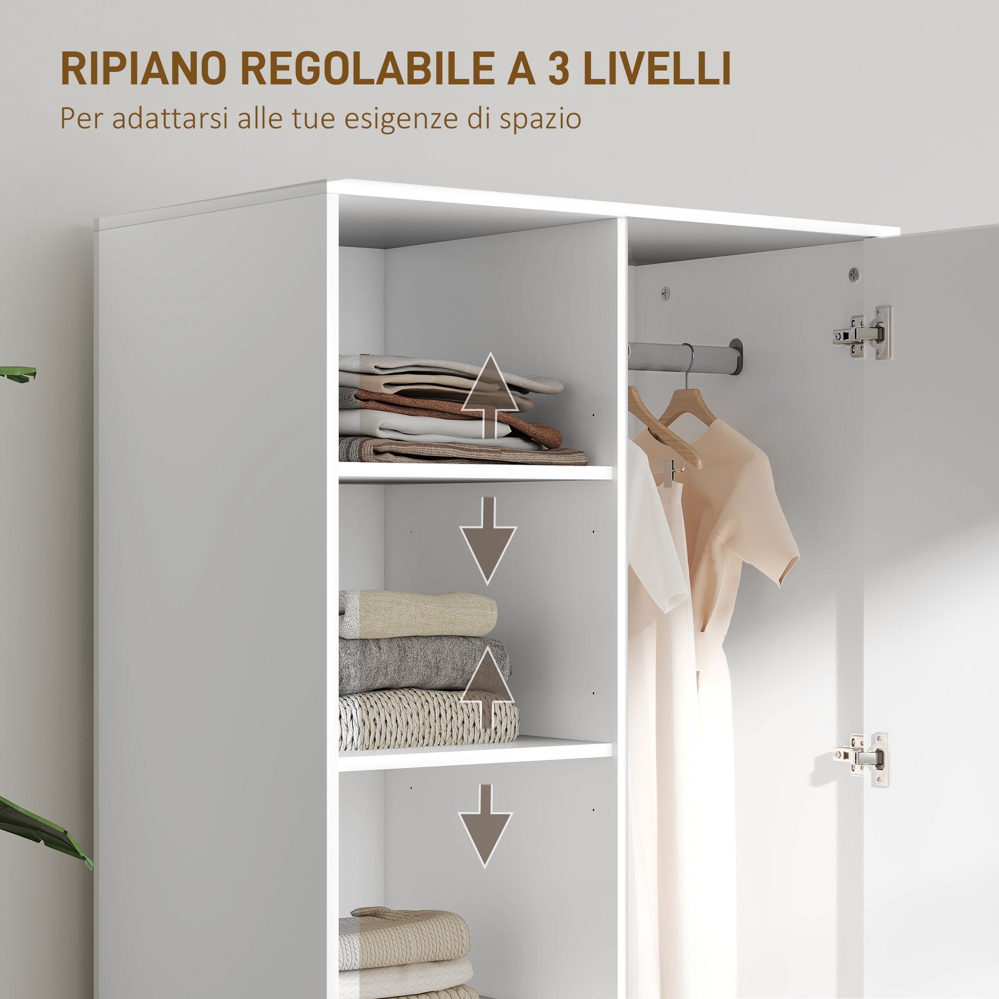 Modern Wardrobe with 2 Drawers, Open Shelves and Hanging Space, 80x50x124 cm, White