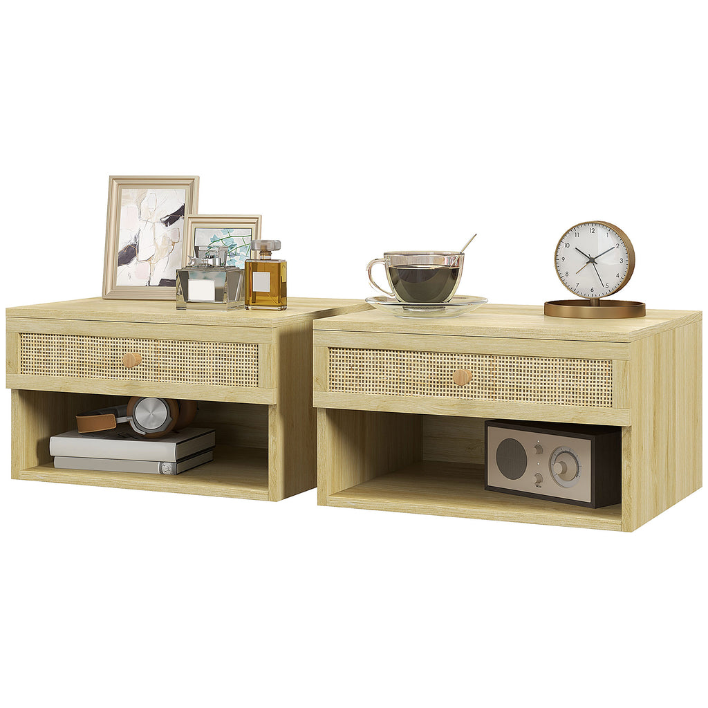 HOMCOM Set of 2 Bedside Tables with Drawer and Open Shelves in Nordic Style, in Chipboard and Rattan, 40x34x23 cm - Borgè