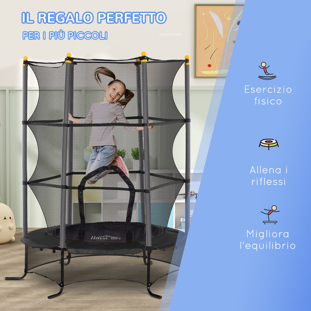 Children's Trampoline Ø1.6x1.9 m with Safety Net and Padded Poles, Ages 3-10 Years, Black