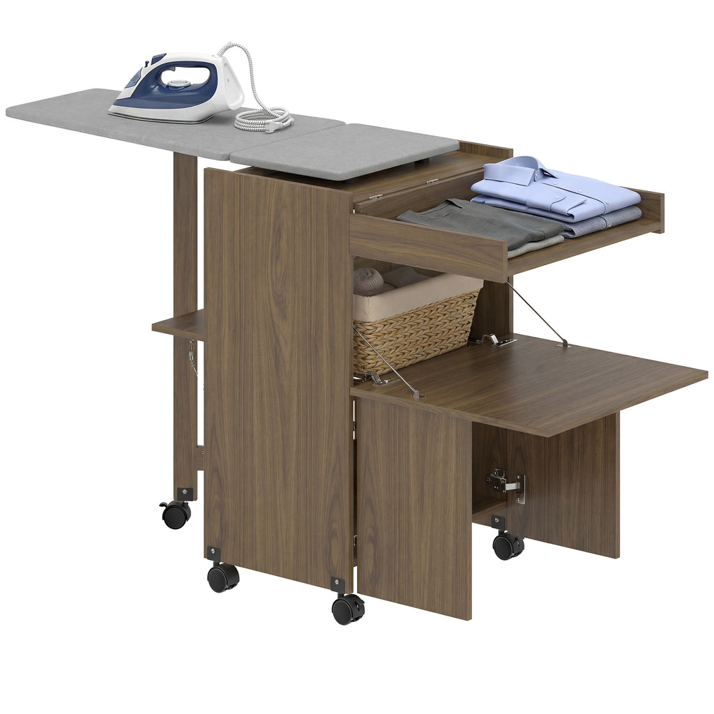 HOMCOM Folding Ironing Board with Iron and Garment Holder with Open Compartment, 154x55x87 cm, Brown