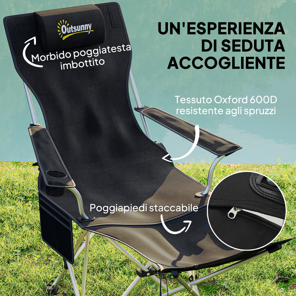 Set of 2 Folding Camping Chairs with Detachable Footrest and Cup Holder, 82x50/100x88 cm, Black