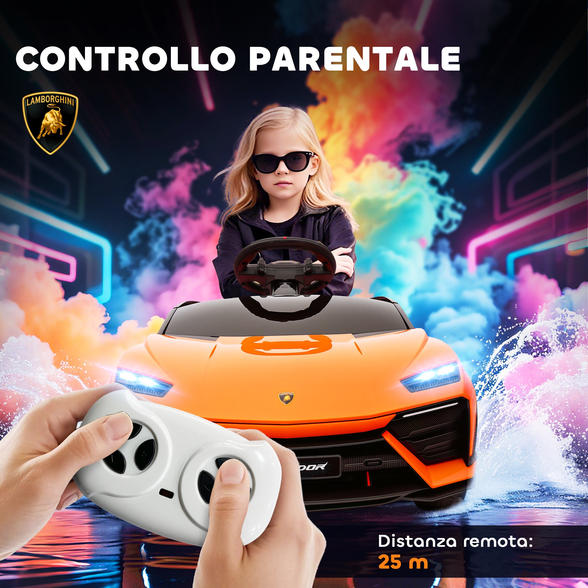Electric Ride-On Car for Kids with Horn and Remote Control, MP3 Player, USB/AUX, LED Lights, Lamborghini License, Orange