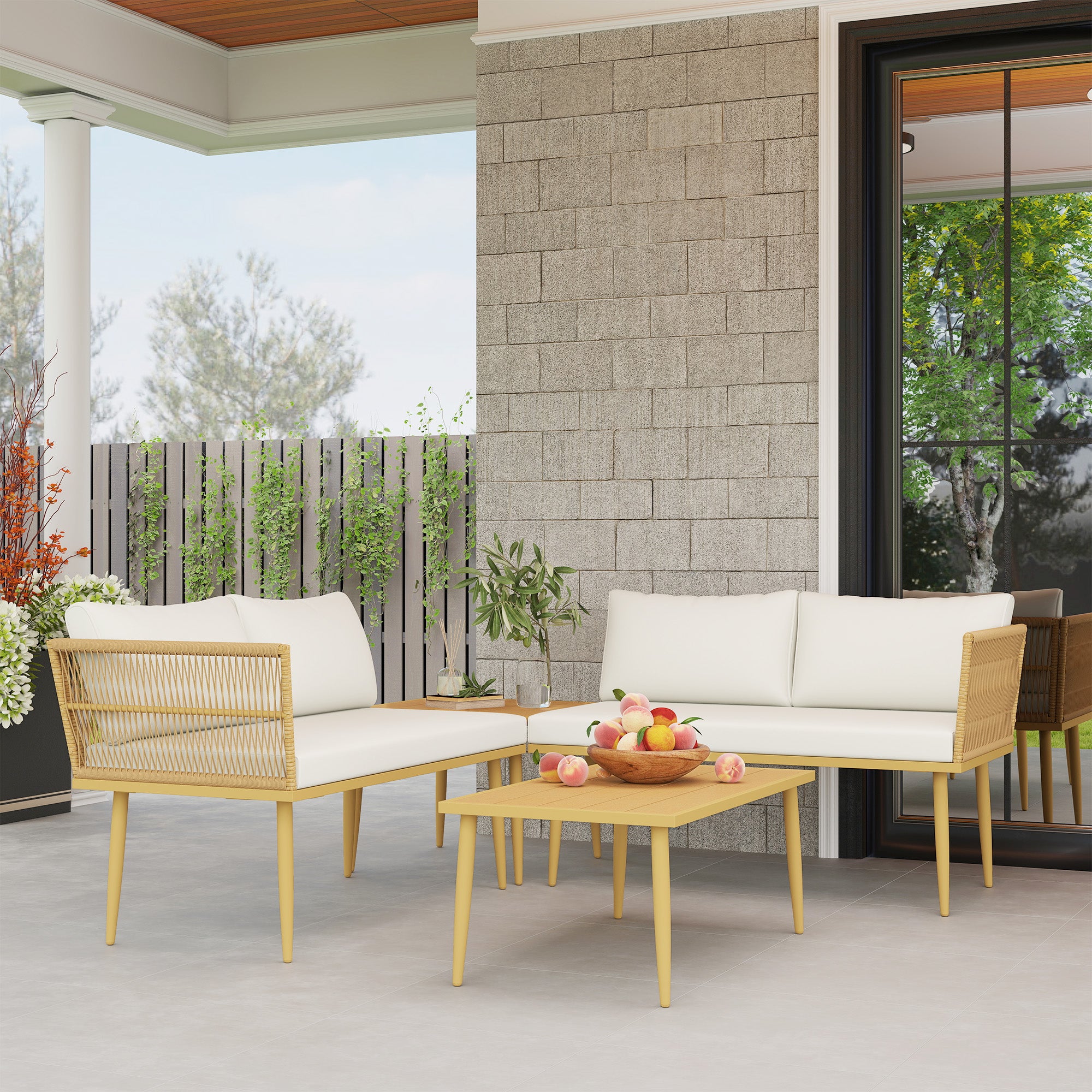 PE Rattan Outdoor Lounge Set with 2 2-Seater Sofas with Cushions and 2 Coffee Tables, Wood Color