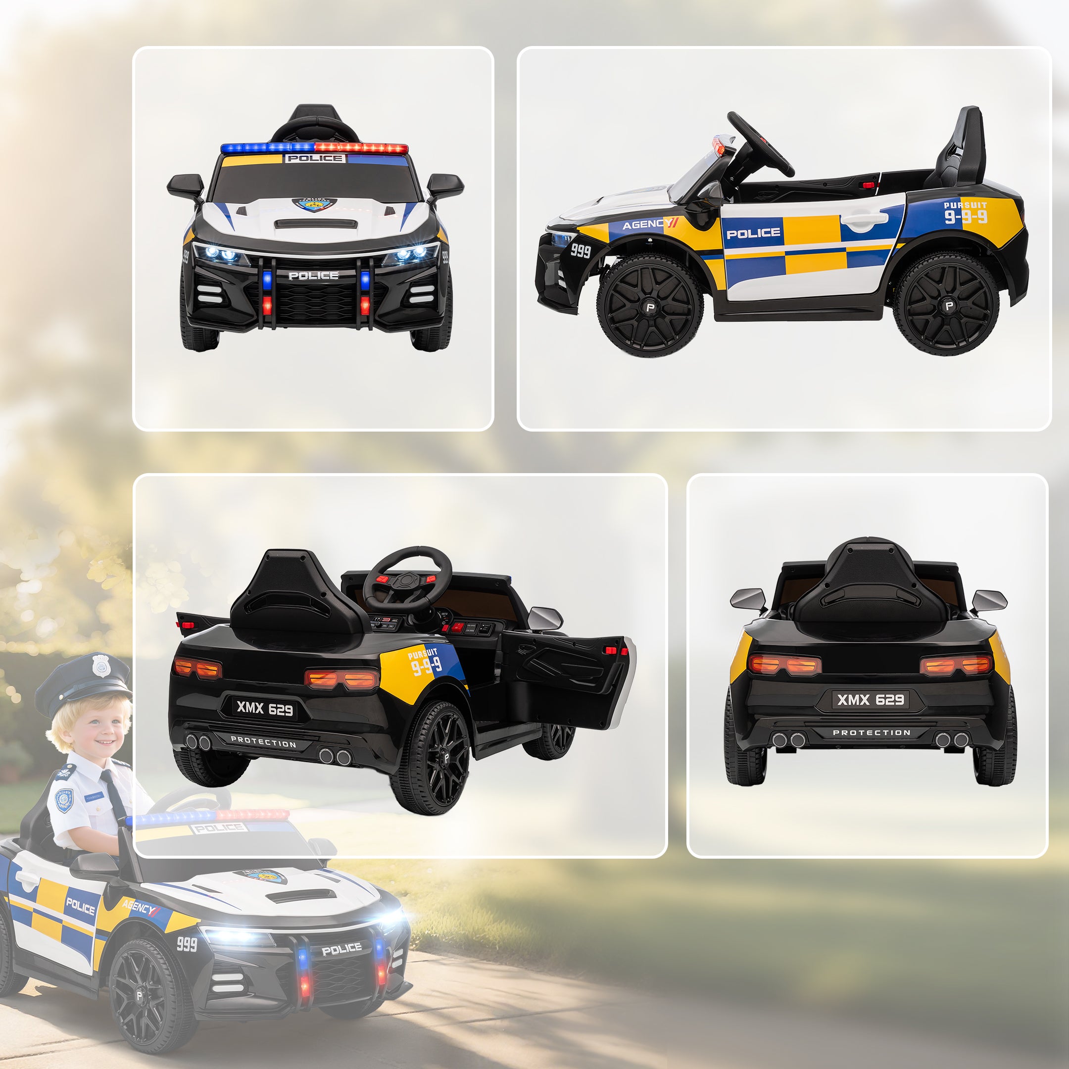 Electric Police Car for Kids with Remote Control, Horn and Built-in Music, 96x60x45 cm