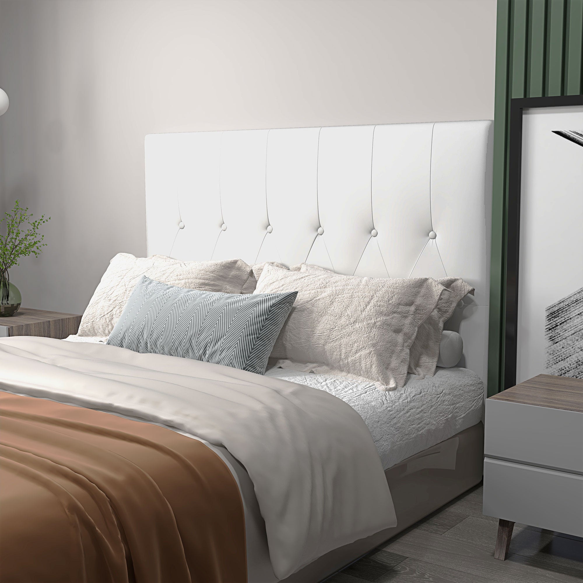 Double Bed Headboard Padded with Button Design, PU Leather and MDF, 160x7x120 cm, White