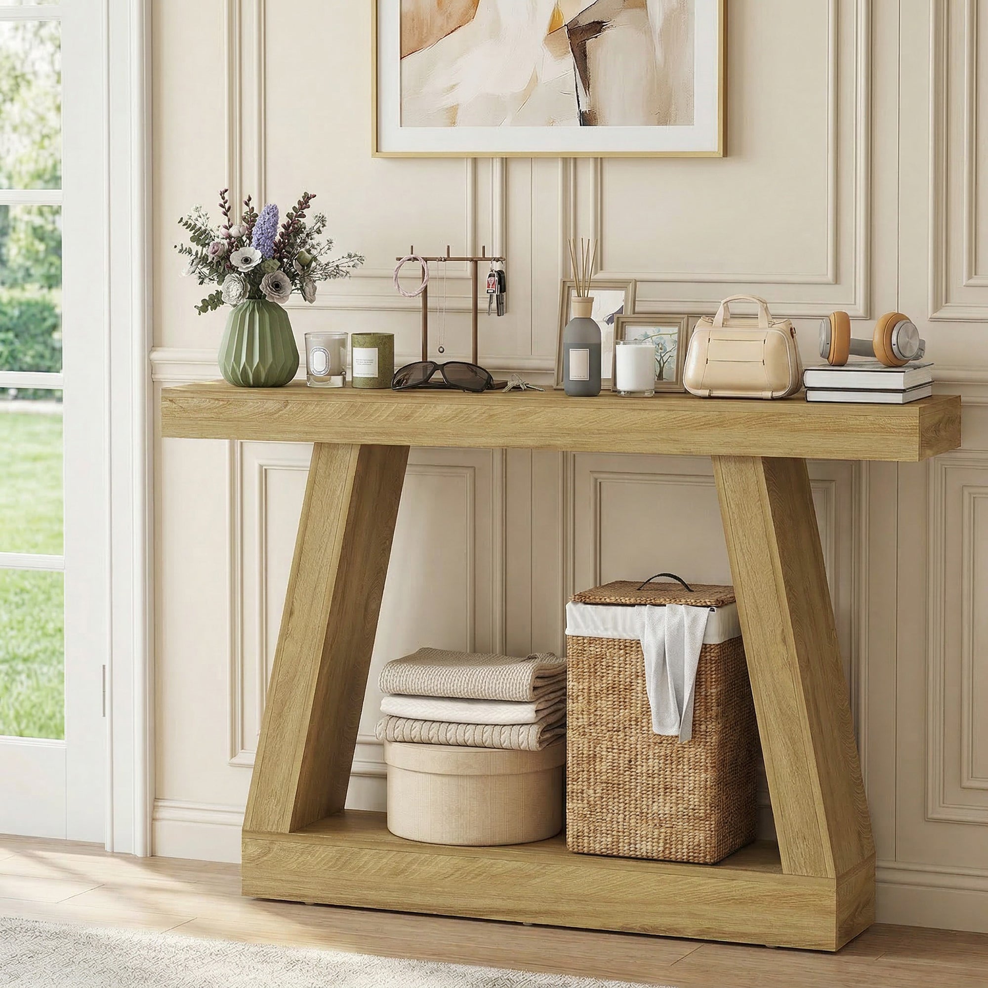 HOMCOM 140cm Console Table, Sofa Back with Storage, Oak.