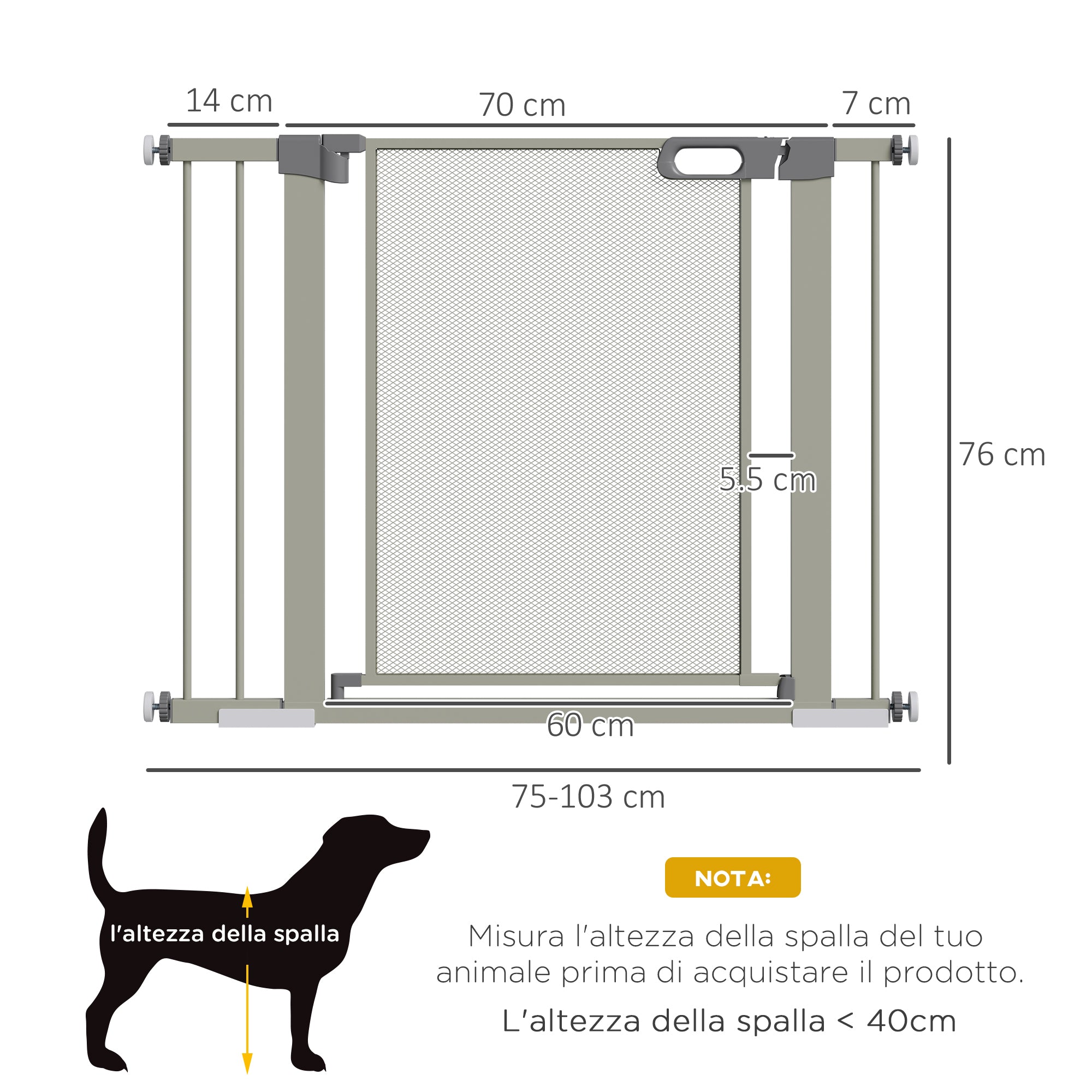Push-Dog Gate with Automatic Closure, 75-103x76 cm, Grey