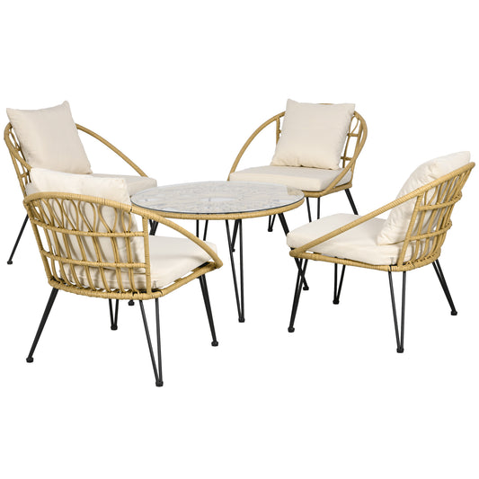 Outsunny 5-piece garden set in rattan with round table Ø82x50 cm and 4 chairs 72x72x75 cm with cushions