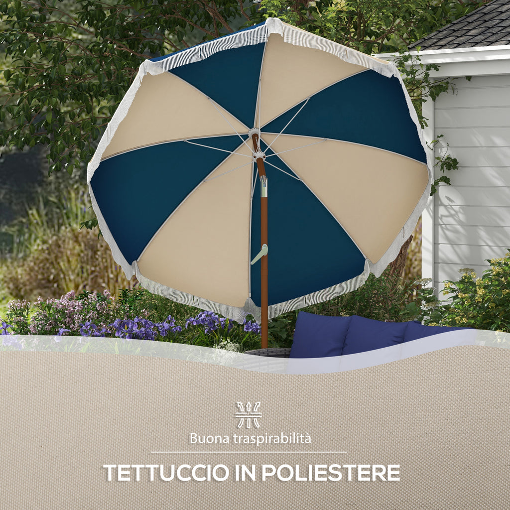 Round and Tilting Umbrella with 8 Ribs with Crank, in Polyester and Steel, Ø213x234 cm, Blue and Beige