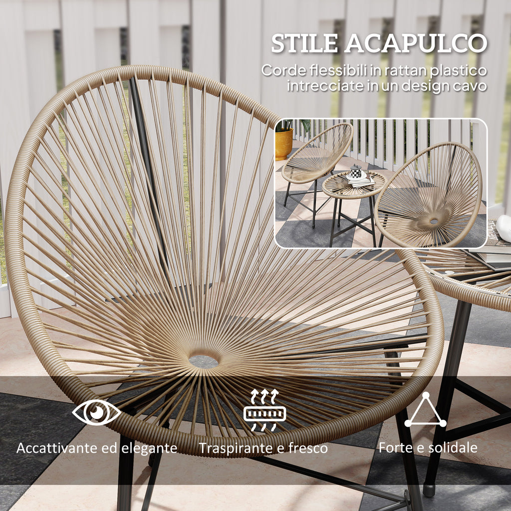 3 Piece PE Rattan and Steel Garden Set with 2 Oval Chairs and Coffee Table, Black and Wood Color
