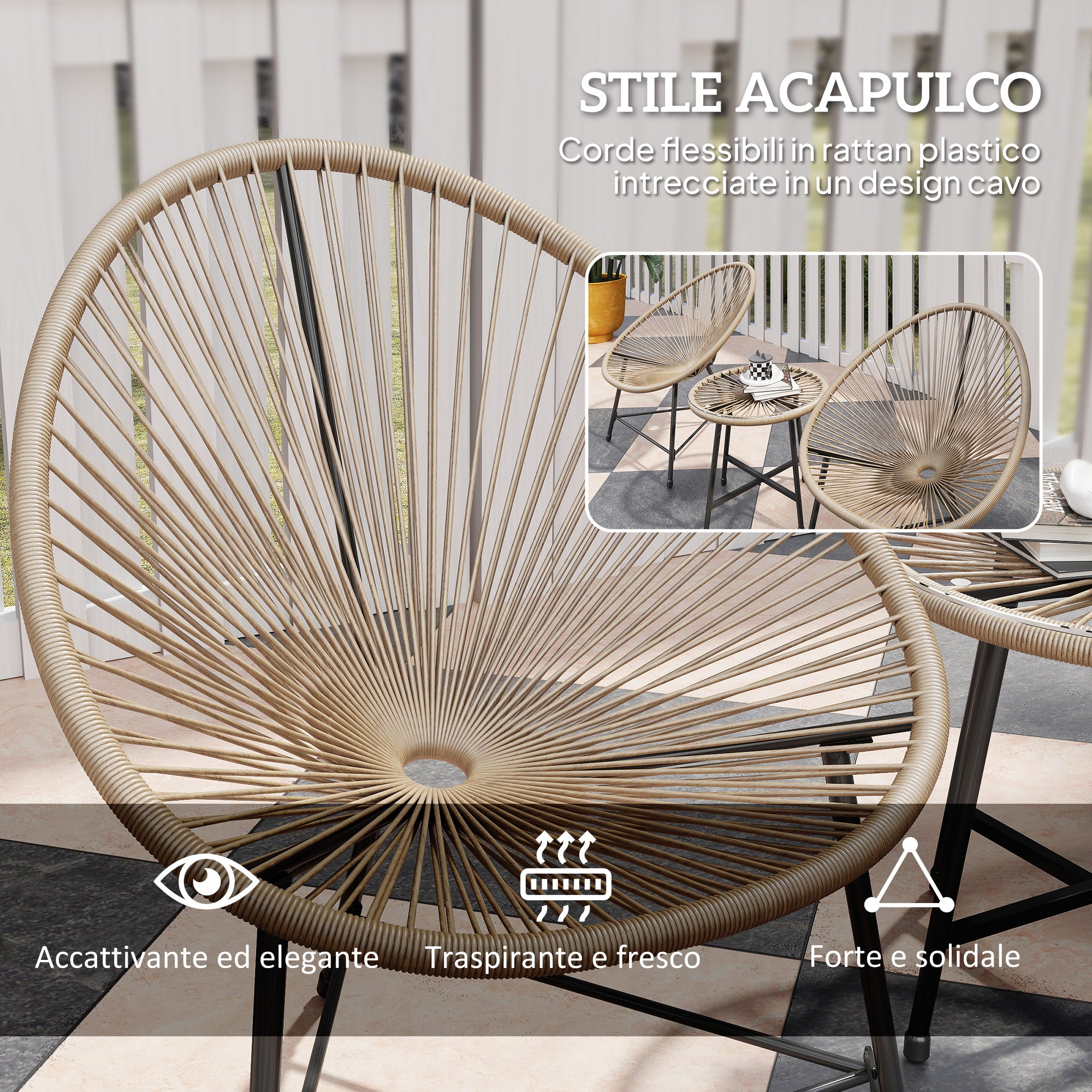 3 Piece PE Rattan and Steel Garden Set with 2 Oval Chairs and Coffee Table, Black and Wood Color