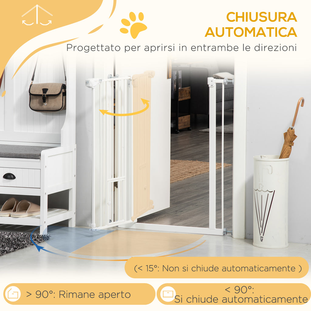 Dog Gate with Small Door, Pressure Fit and Self-Closing, 74-80x91.4cm, White
