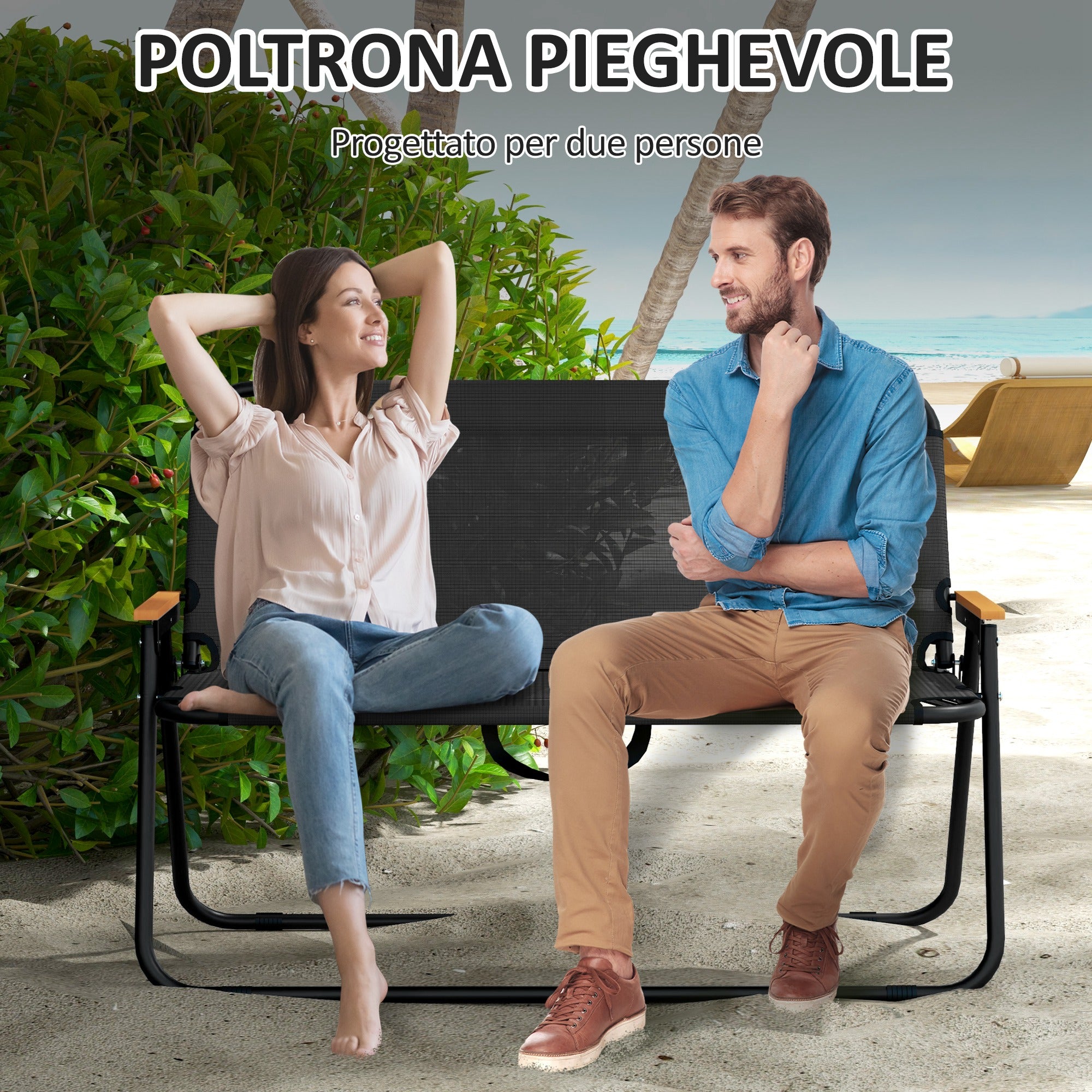 Double 2-Seater Folding Camping Chair in Steel and Oxford Fabric, 108x65x73cm, Black - Borgè