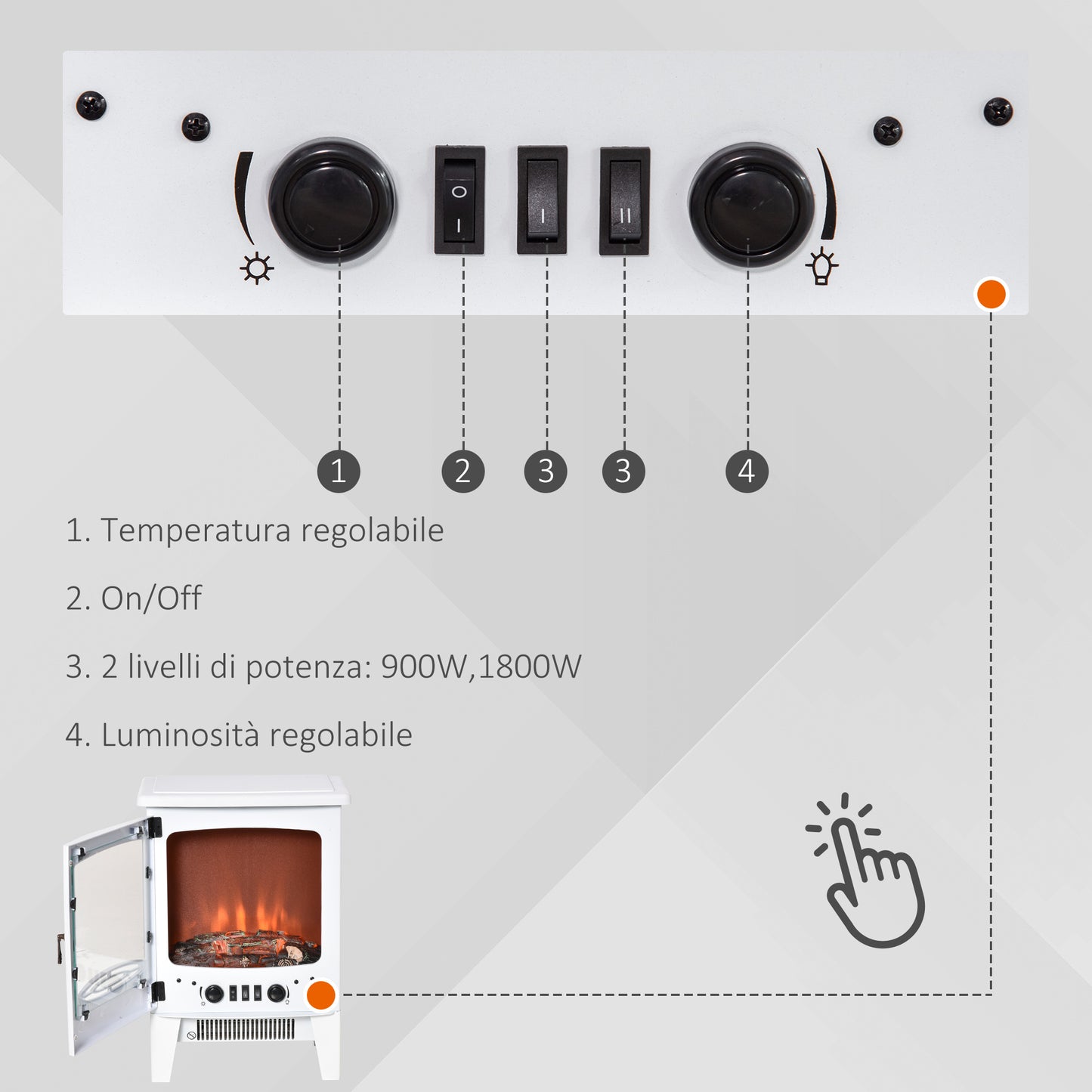 Electric Fireplace with Flame Effect, Adjustable Temperature 900W-1800W, Coverage 15-20m², 39x26x54.8cm, White