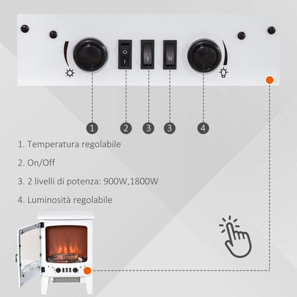 Electric Fireplace with Flame Effect, Adjustable Temperature 900W-1800W, Coverage 15-20m², 39x26x54.8cm, White