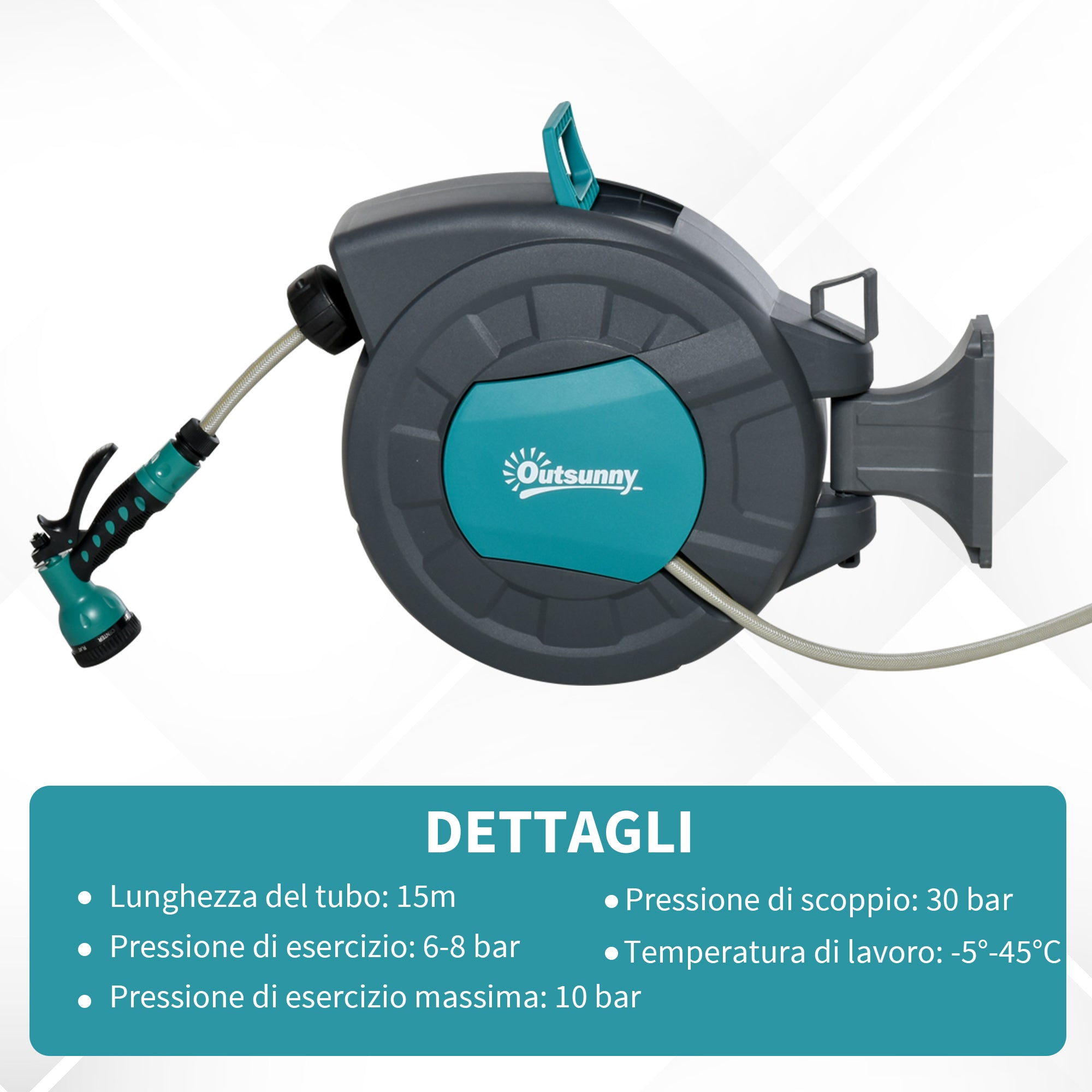 Outsunny 180° Rotating Automatic Wall-Mounted Hose Reel, 15m+1.4m Water Hose and Multifunction Gun, Grey
