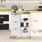 HOMCOM Wooden Kitchen Cart with 3 Drawers and 3 Open Shelves, 67x37x85.5 cm, White