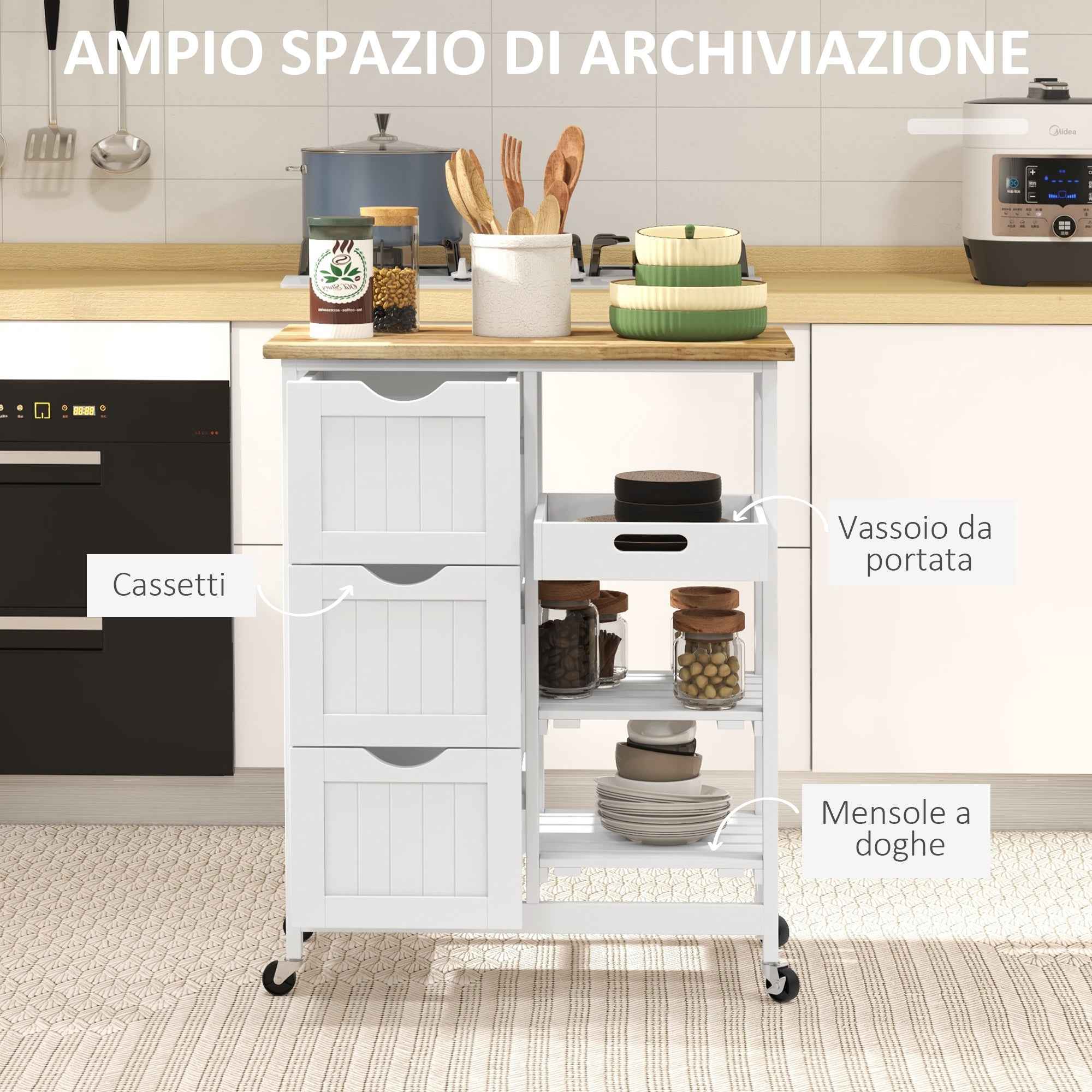 HOMCOM Wooden Kitchen Cart with 3 Drawers and 3 Open Shelves, 67x37x85.5 cm, White
