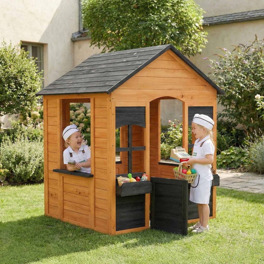 Kids Wooden Playhouse with Flower Pots, for Indoor/Outdoor Play, Ages 3–8, Brown