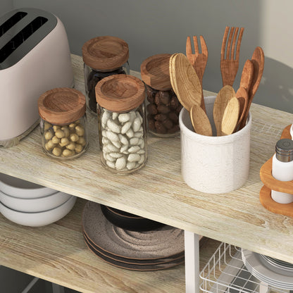 Modern Kitchen Cabinet with 4 Shelves with Basket and Hooks in Wood and Steel, 90x40x84.5cm, Oak and White - Borgè