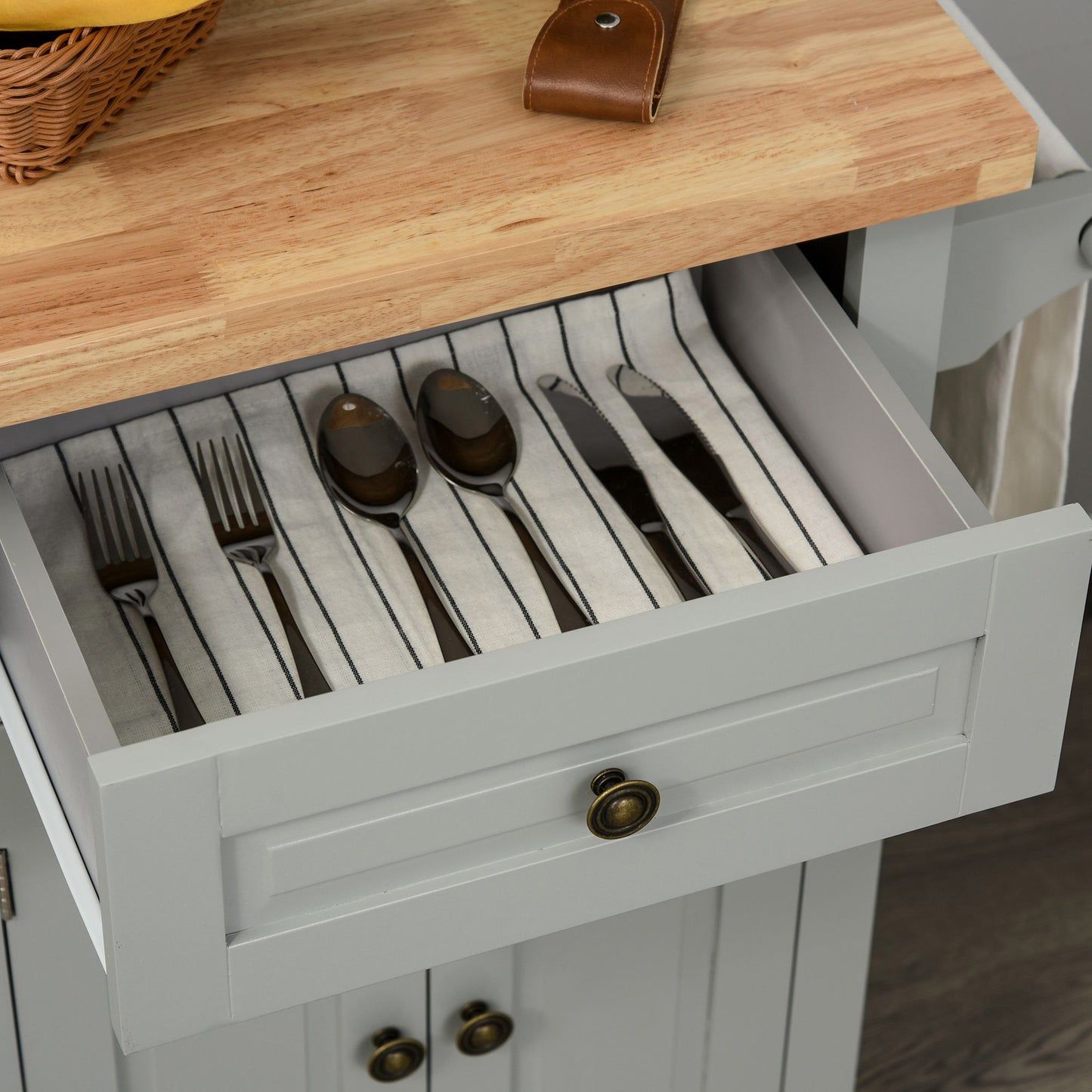 Kitchen Trolley with 2 Drawers and 2 Cabinets, Wooden Top, Spice Rack and Tea Towel Holder, Gray