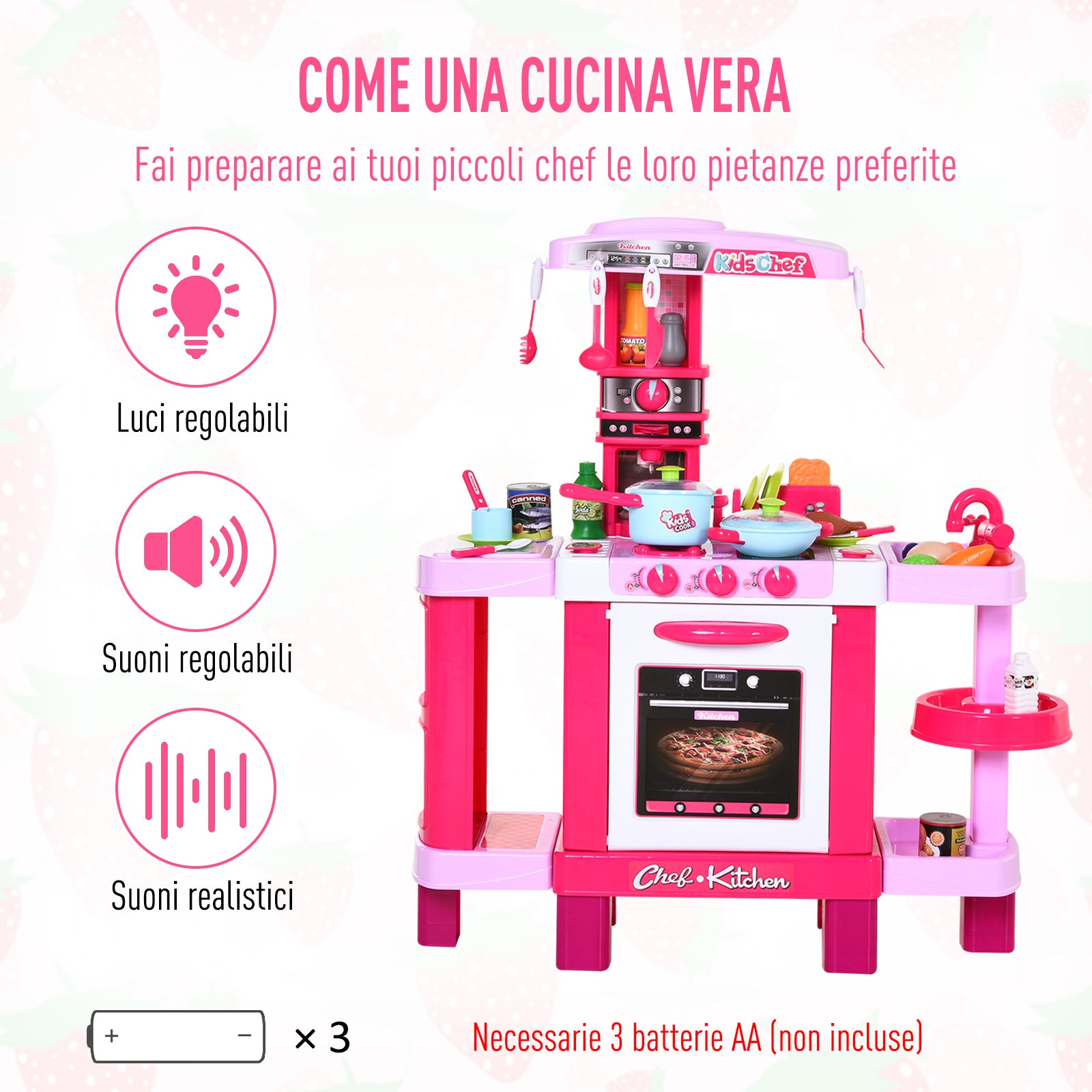 Homcom Kitchen for children with 38 accessories included, game with realistic lights and sounds, 78x29x87cm, pink - Borgè
