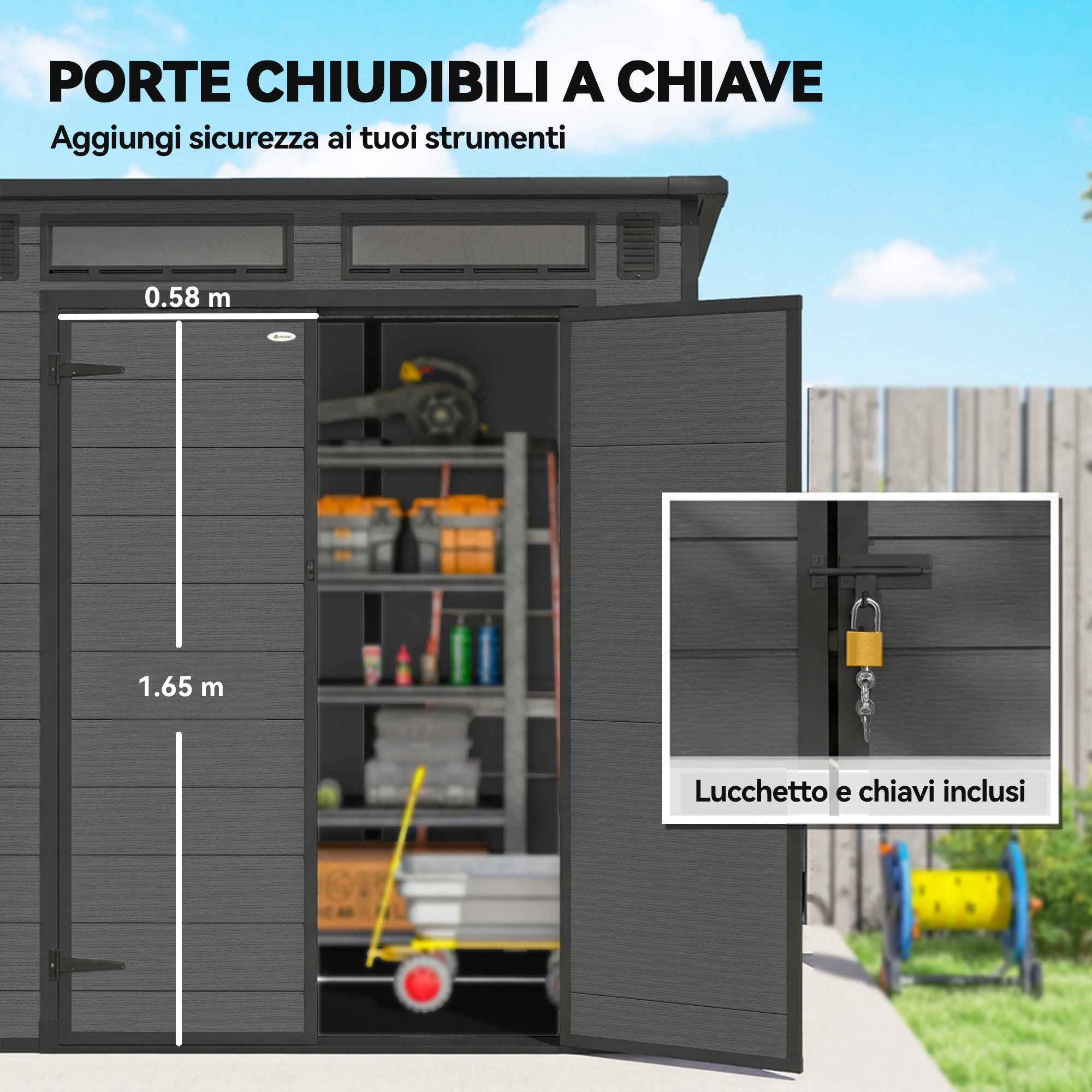 Garden Shed with 2 Entrances, 3 Windows and Air Vents, in PP and Aluminum, 182x182x196 cm, Dark Grey