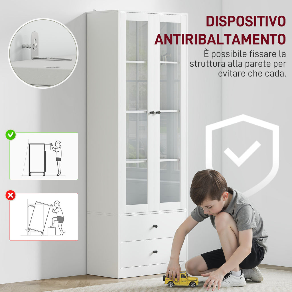 Kitchen Sideboard with Cabinet and 2 Drawers, Glass Doors and Adjustable Shelves, 59x30x164 cm, White