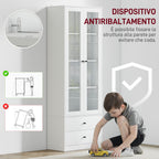 Kitchen Sideboard with Cabinet and 2 Drawers, Glass Doors and Adjustable Shelves, 59x30x164 cm, White