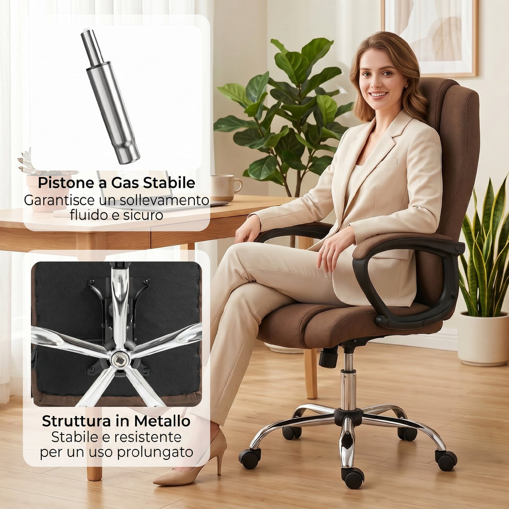 Vinsetto Ergonomic Reclining and Swivel Office Chair in Linen Effect Fabric with Headrest, Brown